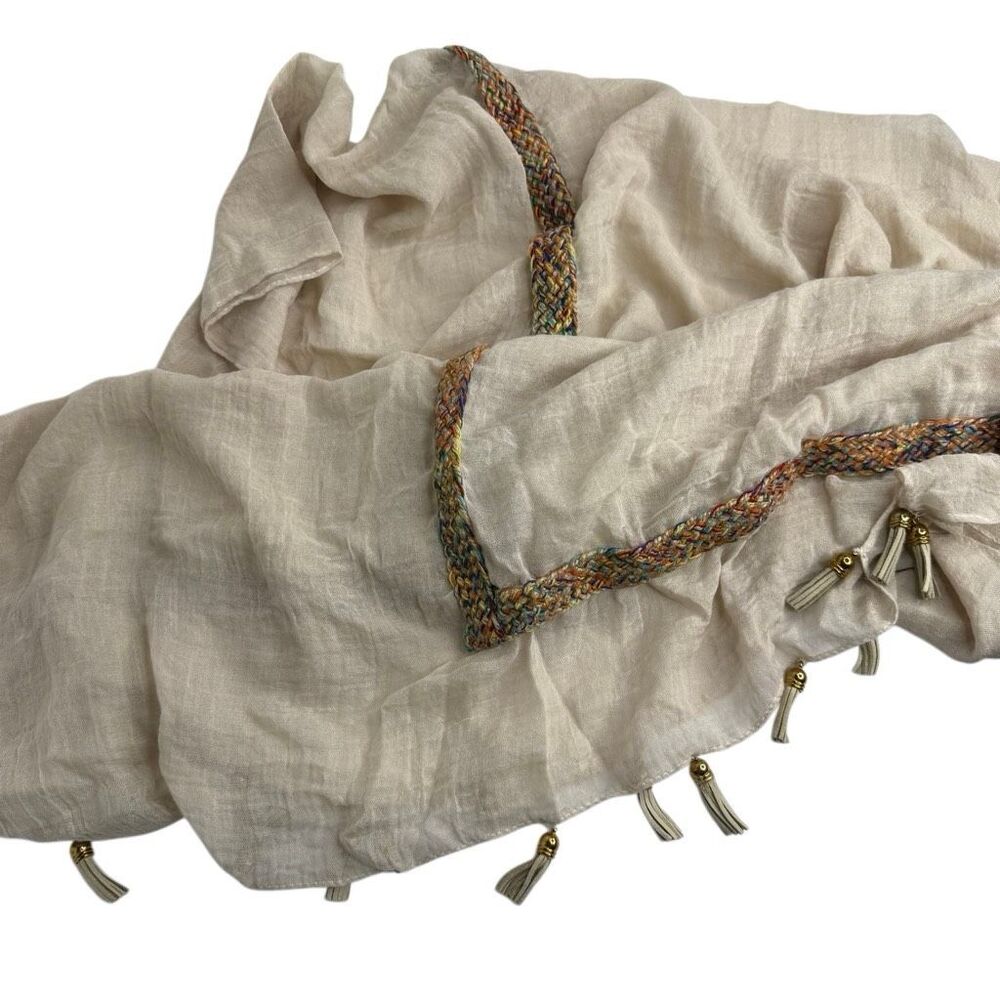 Boho Oversized Ivory Scarf Wrap Multicolor Braided Trim Tassels - Picture 6 of 9